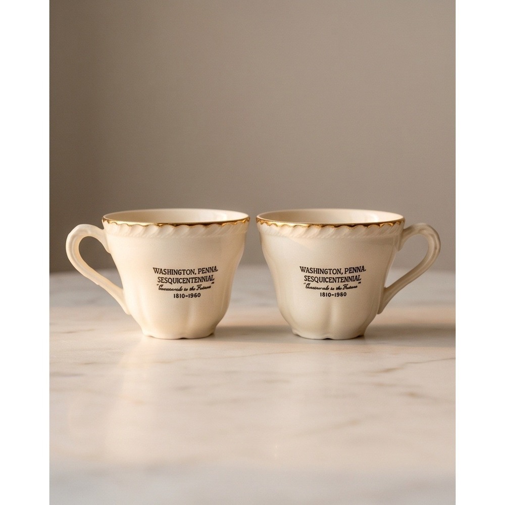 Vintage Washington PA Sesquicentennial Commemorative Tea Cups Set of 2 Gold Trim
